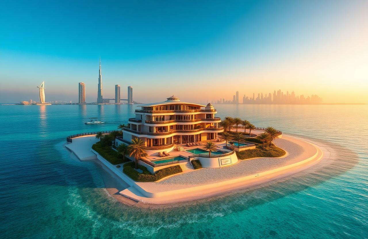 Villa di lusso a Palm Jumeirah Dubai con spiaggia privata e skyline sullo sfondo