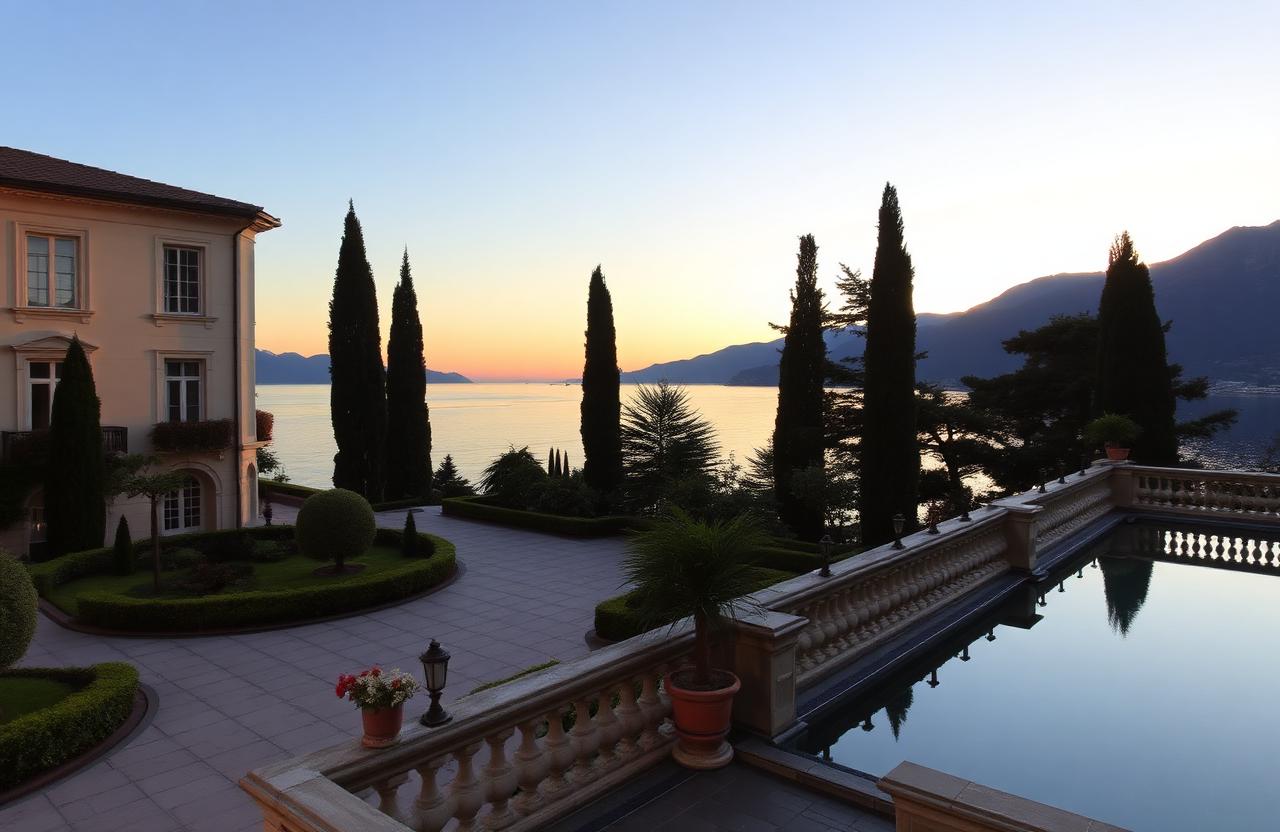 Villa storica sul Lago di Como con giardino all'italiana, cipressi e terrazza vista lago al tramonto