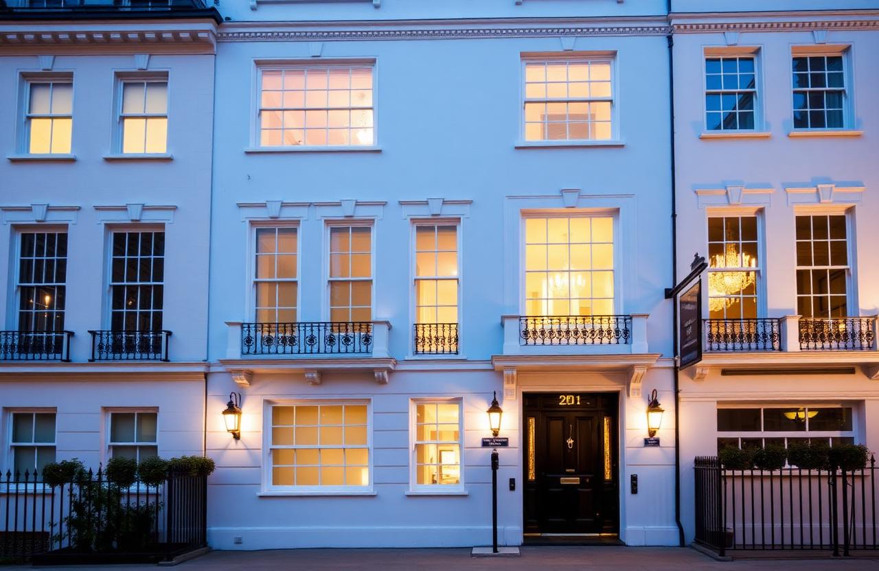 Facciata di townhouse georgiana di lusso a Mayfair Londra all'ora blu con luci calde