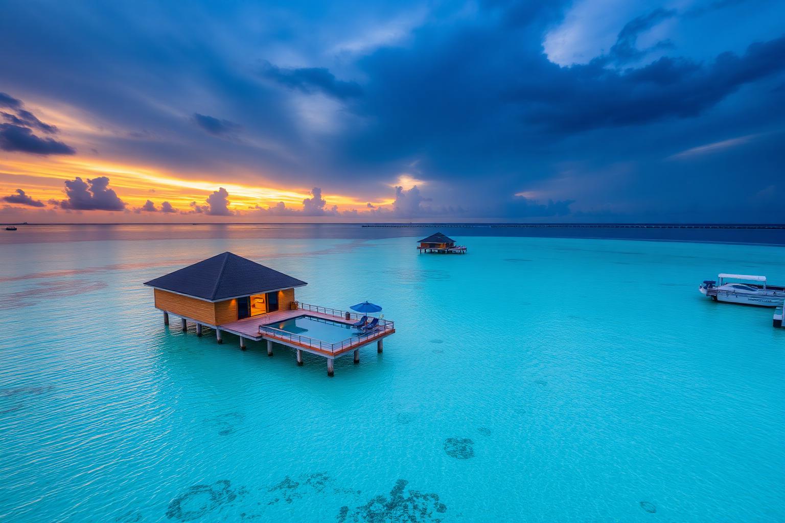 Villa overwater di lusso alle Maldive al tramonto con laguna turchese e piscina privata