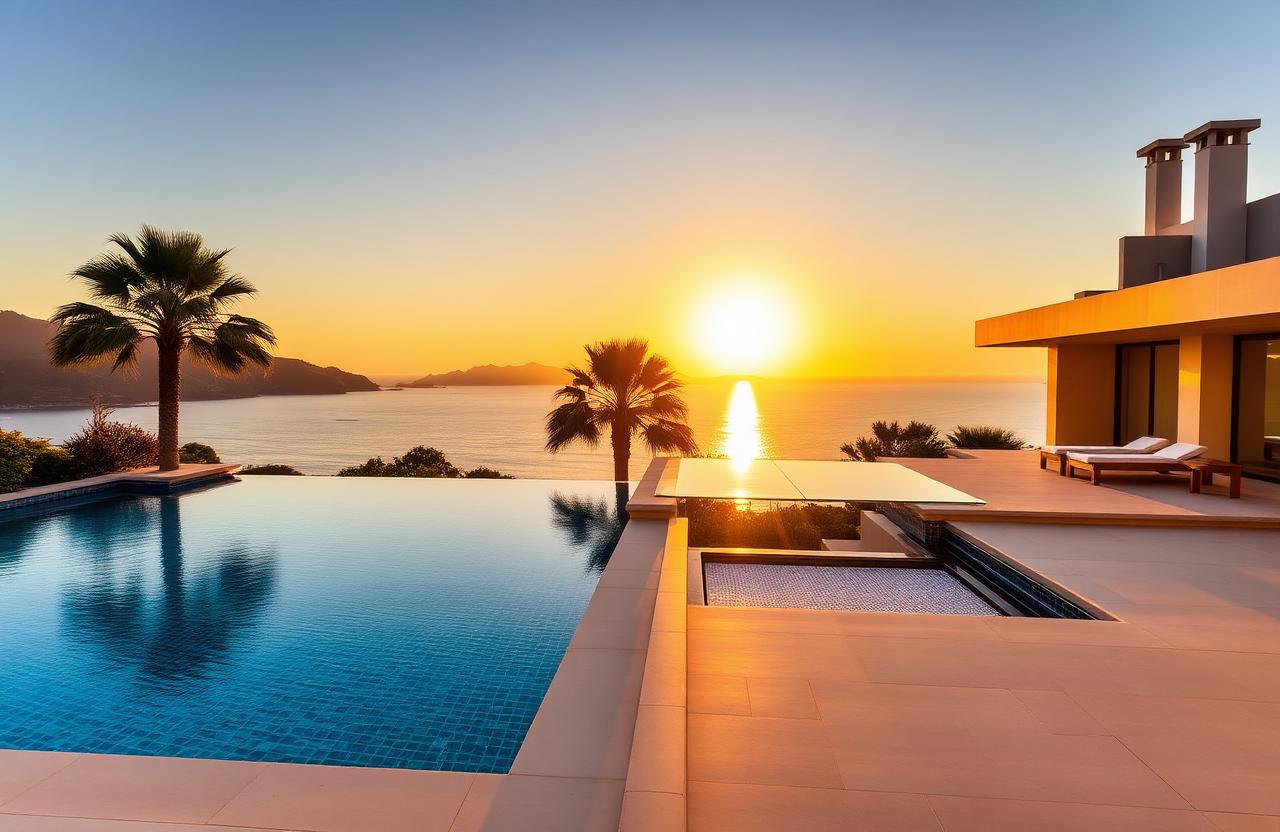 Villa di lusso a Marbella con piscina a sfioro vista mare al tramonto e palme