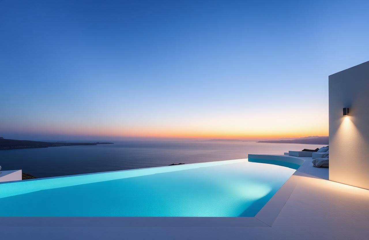 Villa cicladica bianca a Mykonos con piscina a sfioro vista mare Egeo al tramonto