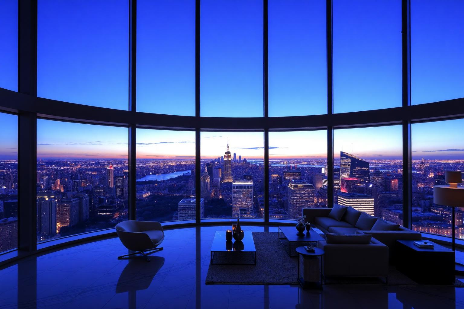 Interno di attico di lusso a Manhattan con vista skyline di New York all'ora blu