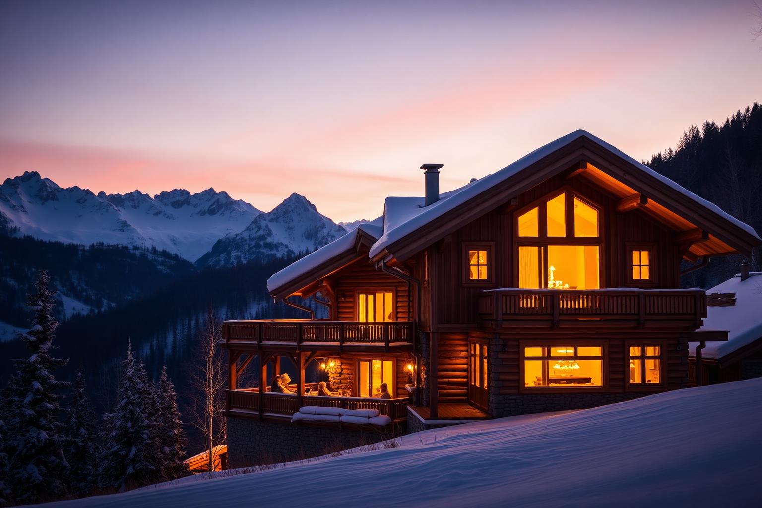 Chalet di lusso in legno sulle Alpi svizzere al tramonto con neve fresca