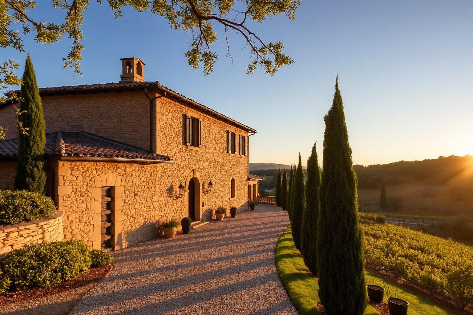 Casale toscano ristrutturato con cipressi e vigneti al tramonto in Val d'Orcia